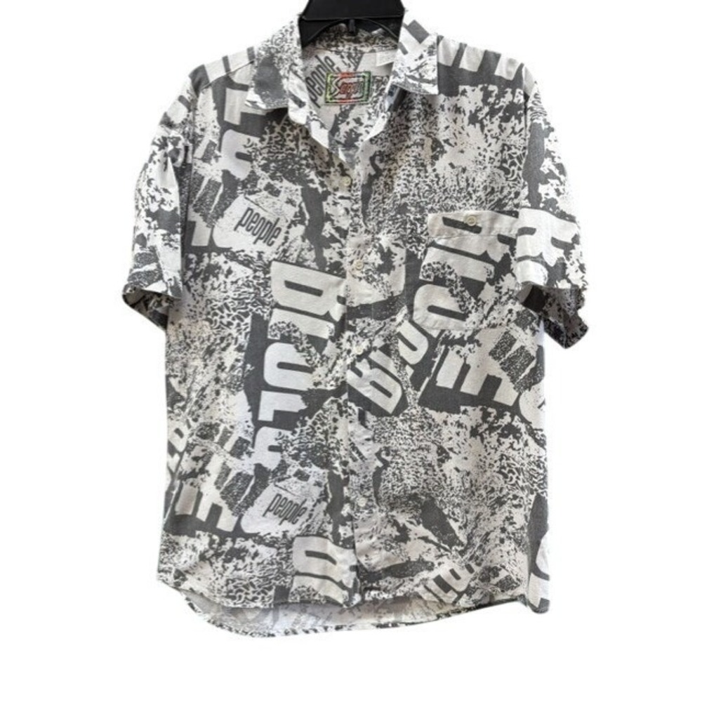 Vintage Sergio Men Graphic Print Button Down Shirt‎ Gray White Cotton Size M